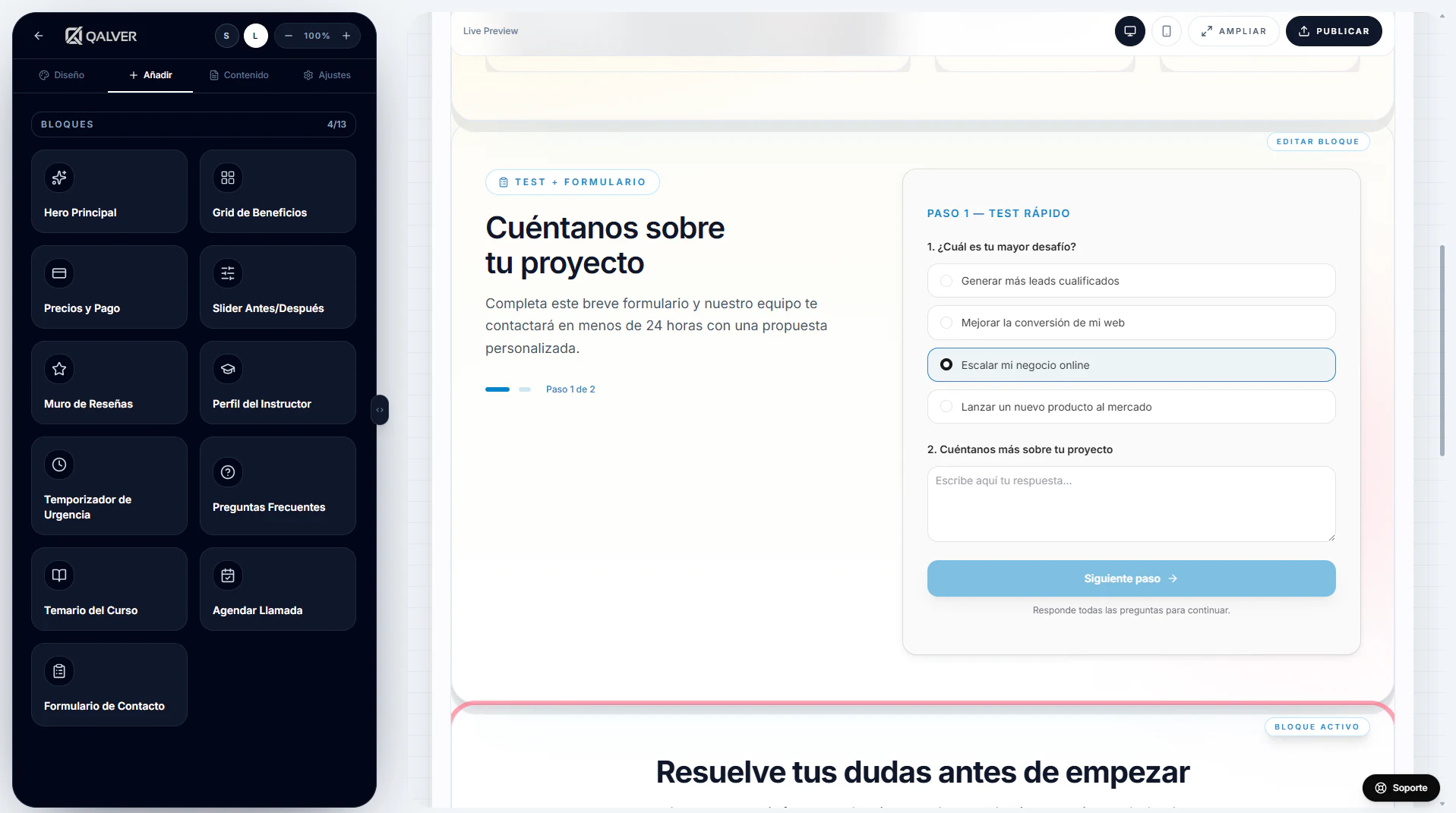 Sidebar del editor de QALVER mostrando los bloques disponibles