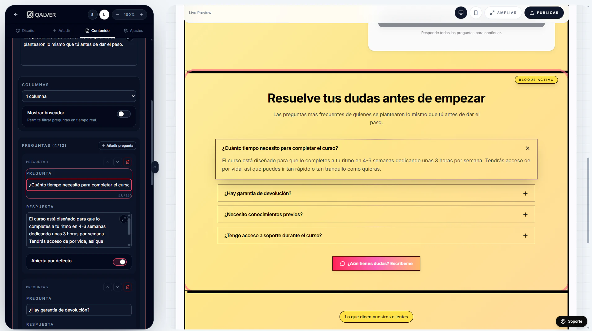 Panel de edición de contenido con preview de un bloque FAQ en directo