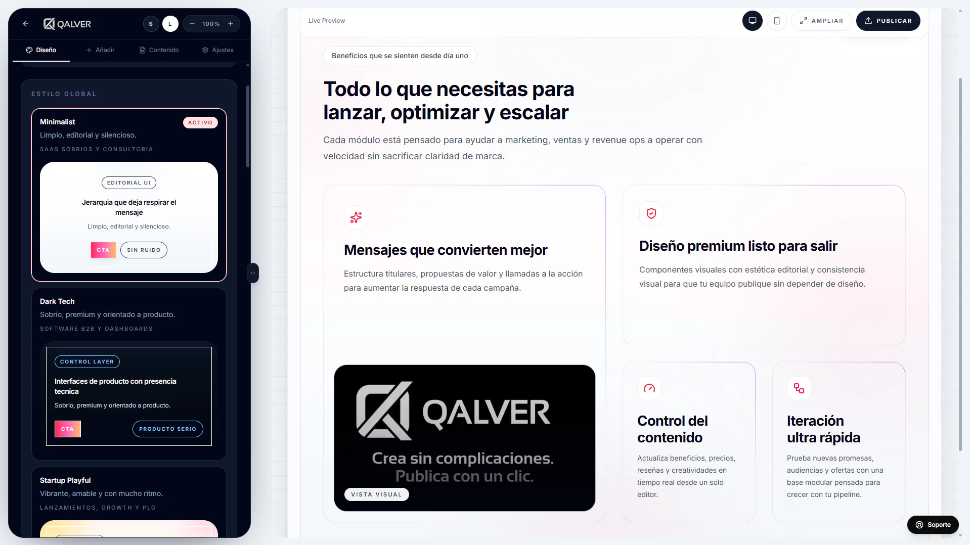 Panel de Diseño del editor de QALVER mostrando temas disponibles y un bloque de ejemplo