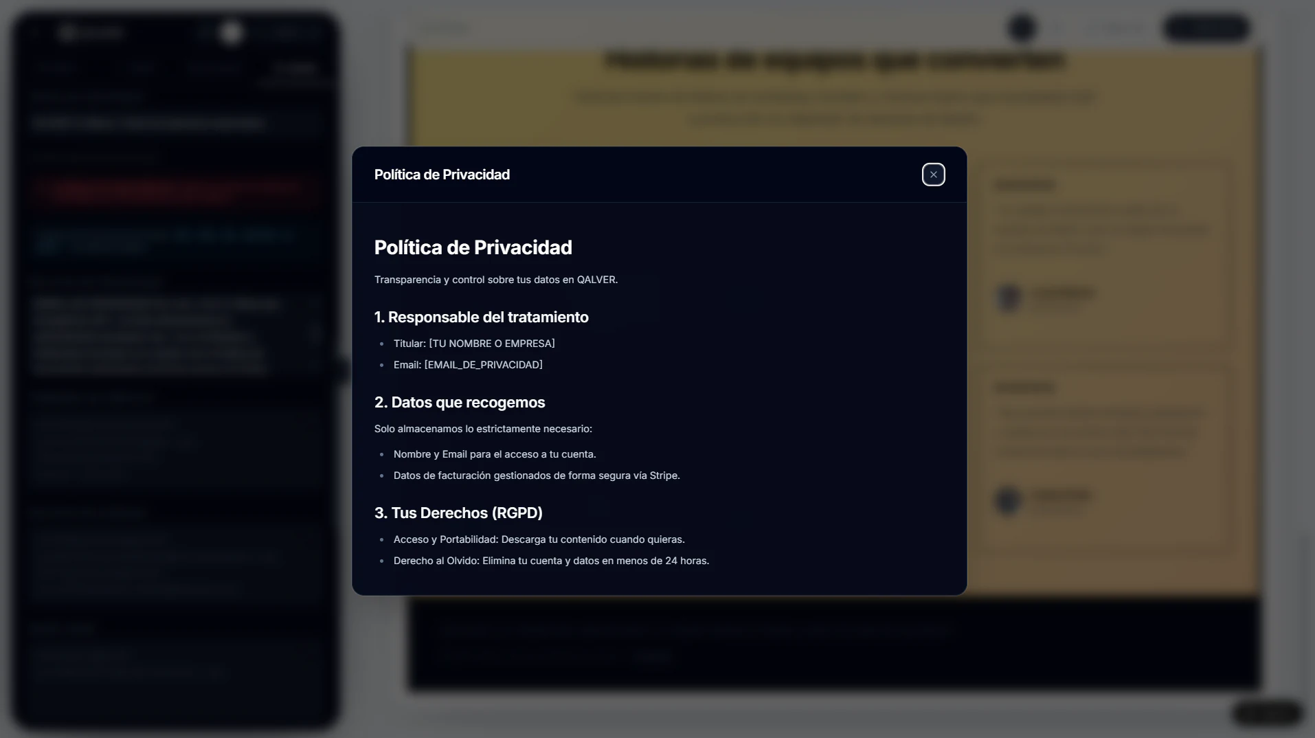 Modal de Política de Privacidad generado por QALVER